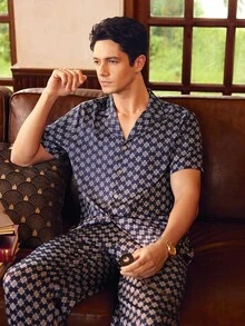 EverLounge Men's Geometric Print Short Sleeve Buttoned Top & Pants Homewear Set - Multicolor - View 3