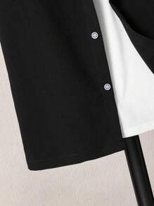 SHEIN Vacaura 2 件套青少年男孩纯色短袖单排扣衬衫和短裤休闲套装 - 黑色 - 查看 5
