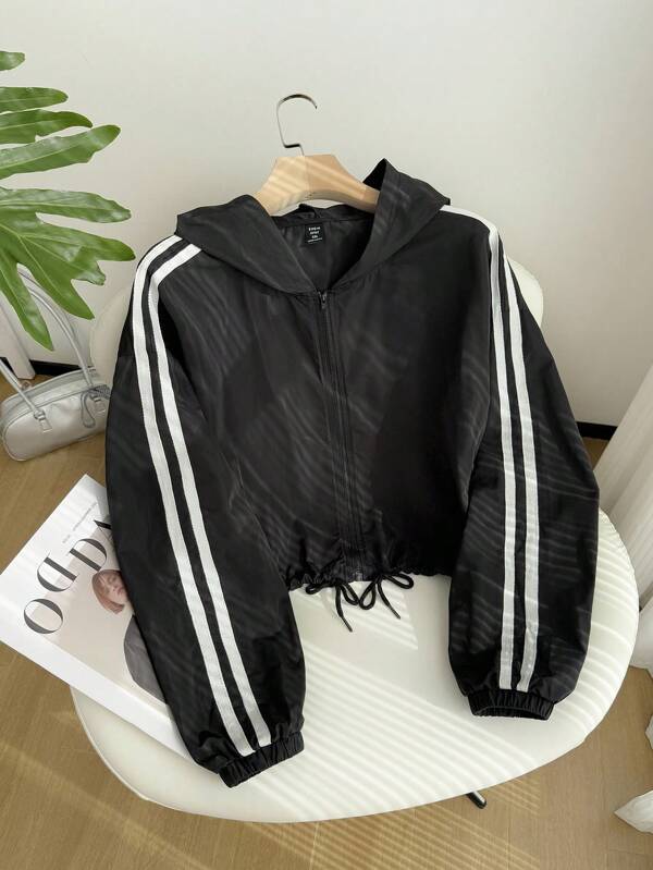 SHEIN EZwear Patchwork Ribbon Zip Jacket Outerwear, Fashionable For Summer