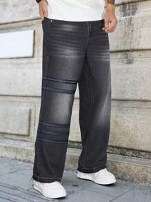 Manfinity Homme American Style High Street Webbed Decoration Straight Leg Jeans For Men, Vintage Grey Baggy Jeans - Black - View 8