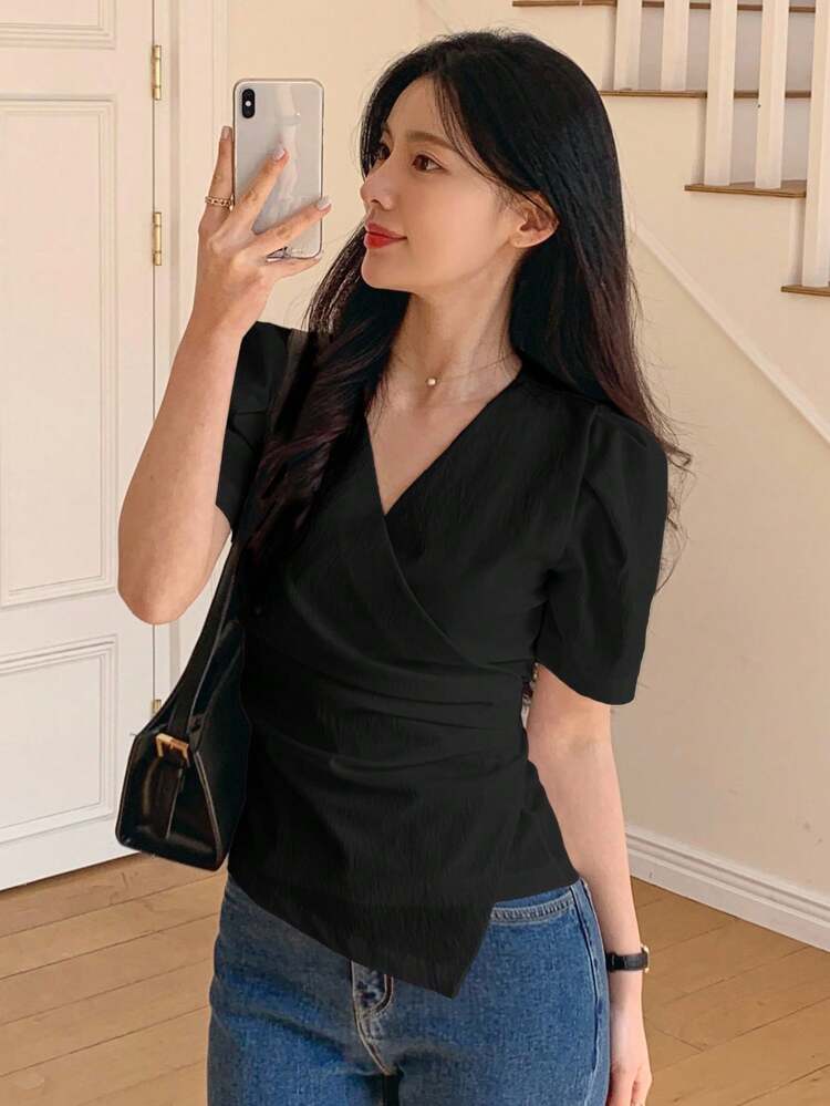 Women's Cinched Waist Solid Color V-Neck Short Puff Sleeve Blouse Women Tops Elegant
