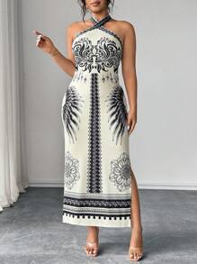 Elenzga Đầm in họa tiết thanh lịch cổ yếm xẻ tà cỡ lớn cho nữ - Màu be - Xem 6