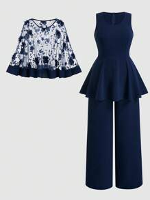 DreamSkyne Conjunto de 2 piezas de talla grande con cubierta bordada en 3D de malla + pantalones anchos de pierna ancha, elegante y casual