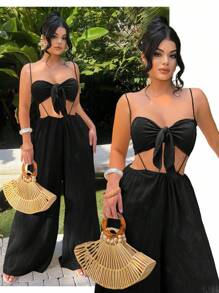 SHEIN SXY Bộ áo dây mảnh không tay gợi cảm và áo liền quần, phong cách kỳ nghỉ - màu đen - Xem 7