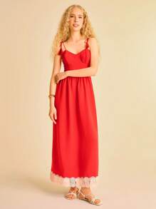 CAJUNI Abito lungo casual da donna in stile boho con stampa tropicale rossa, decorato con nappine, a spalline, con inserti in pizzo sul petto e l'orlo, adatto per le vacanze