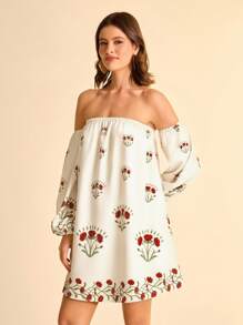 CAJUNI 女士休闲度假米红色花朵单肩印花长袖灯笼袖露肩短裙约会夜服装女士秋季连衣裙女士演唱会服装女士波西米亚风服装 - 彩色 - 查看 5