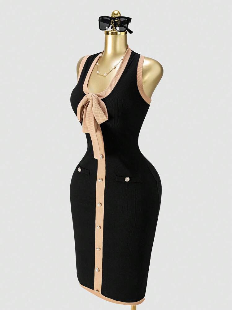 SHEIN SXY 大码女式性感卡其色拼色无袖黑色金属扣装饰中长针织连衣裙，秋冬 - 彩色 - 查看 9