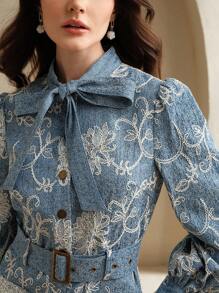 Anewsta Elegant Round Neck Ribbon Long Sleeve Cinched Waist Heavily Embroidered Beaded Jumpsuit For Women With Utilitarian Design - Baby Blue - View 1
