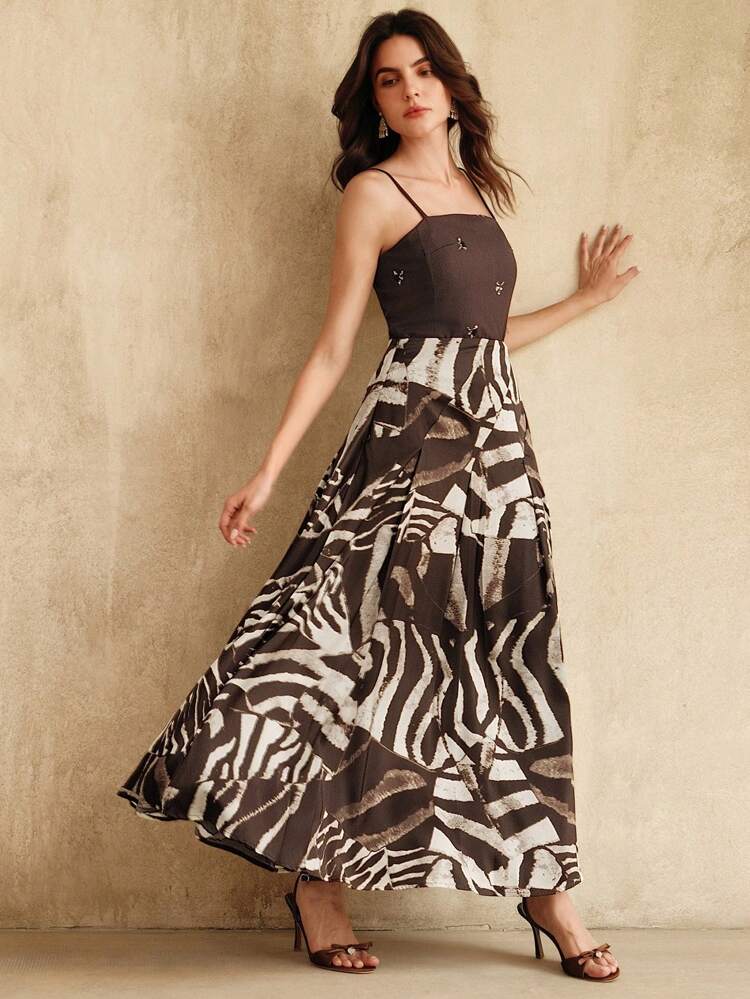 Elegant Vintage Style Pleated Flare Hem Digital Print Women's Midi Skirt