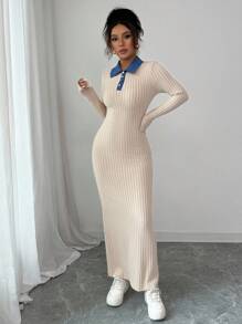 SHEIN Unity Long-Sleeved, Slimming Autumn/Winter Long Dress With Contrasting Color Stripes And Collars Fall Cloth For Women - Apricot - View 4