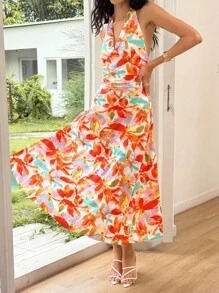 Ria Solene Women's Floral Print Ruffle Halter Neck Vacation Midi Dress Summer Dress - Multicolor - View 1