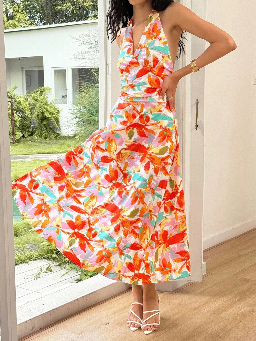 Ria Solene Women's Floral Print Ruffle Halter Neck Vacation Midi Dress Summer Dress - Multicolor - View 1