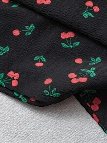 SHEIN Essnce 大码女装春夏时尚休闲宽松舒适清凉日常樱桃印花黑色松紧腰阔腿裤，女式下装，曲线可爱服装，外出装，秋装，宽松裤