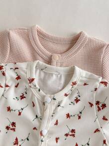 Loomiva 2件套新生女婴花卉针织柔软圆领短袖连体衣和短裤套装 - 杏色 - 查看 4