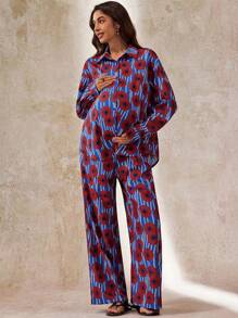 Boho Mama 2 pièces Ensemble de grossesse casual : chemise boutonnée à manches longues à rayures géométriques et pantalon ample