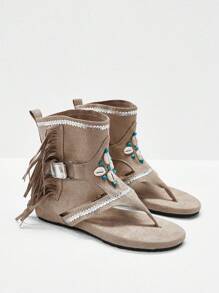 Styleloop Women's Flat Sandals, Boho Style, Retro American, Bohemian, Western, Music Festival, Party Outfit - Khaki - View 3