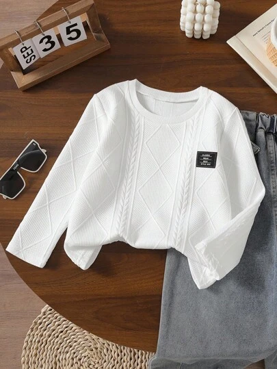 SHEIN 小男孩休闲时尚百搭舒适纹理面料字母标志圆领长袖 T 恤，适合男孩日常生活场合，秋冬季