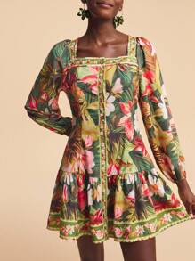 Travachic Women's Floral Print Square Neck Lantern Sleeve Ruffled Hem Fashionable Dress, For Vacation, Tropical Dress, Tropical Print Dress, Long Sleeve Mini Dress, Floral Print Dress,Vacation,Vacation Style, - Green - View 1
