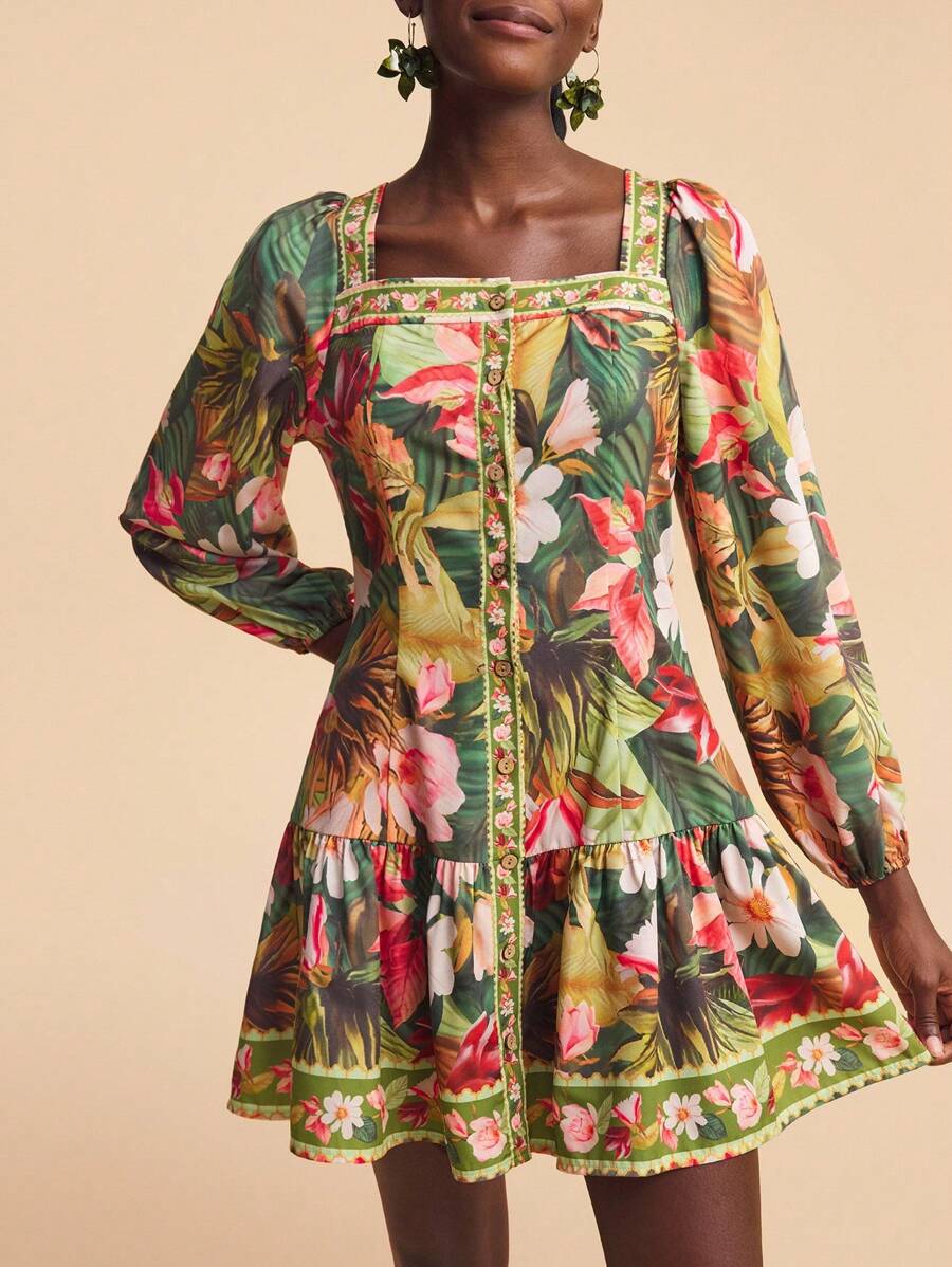 Travachic Women's Floral Print Square Neck Lantern Sleeve Ruffled Hem Fashionable Dress, For Vacation, Tropical Dress, Tropical Print Dress, Long Sleeve Mini Dress, Floral Print Dress,Vacation,Vacation Style, - Green - View 1