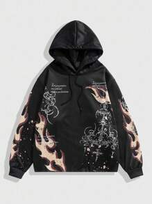 ROMWE MEN Anime Sudadera con capucha con estampado de llamas y eslogan de moda para hombre - Negro - Ver 1