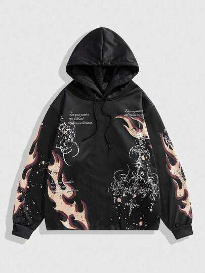 Grunge Punk Men's Fashion Flame & Slogan Print Hooded Sweatshirt
