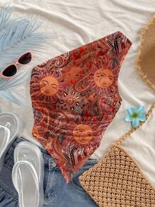 Soleia Blusa de hombro con bajo asimétrico con estampado de paisley en forma de sol vintage, apropiada para el estilo de vacaciones de verano