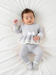 SHEIN 2pcs/Set Baby Girl Apricot Casual Minimalist Bow Round Neck Sweater And Leggings Set Baby Girl Knitted Outfits Baby Girl Grey Outfit Baby Girl Clothes With Bow Knit Two Piece Toddler Baby Girl Sweater And Leggings Set Fall Winter - Light Grey - View 4