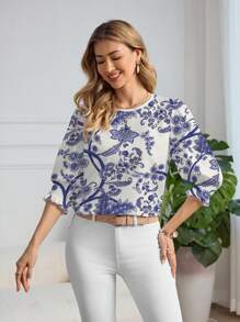 Glamance Marina Oliveira Chemise élégante à motif floral, col rond, manches mi-longues. Bleu et blanc. Tenue décontractée chic pour femme de bureau en été. Tenue de plage pour femme.
