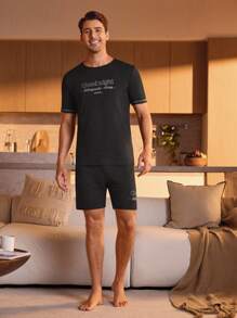 Manfinity Underwear&Sleepwear Basics 男士口号图案撞色边饰睡衣套装/睡衣套装 - 黑色 - 查看 3