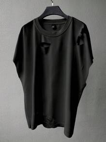 Claim Dot Camiseta de tirantes casual de unicolor con efecto desgastado para hombre, oversize, camiseta de verano oversize para hombre, camiseta holgada para hombre, camiseta de hombre con hombros caídos, camiseta de hombre con mangas recortadas