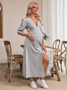 SHEIN 波尔卡圆点印花短袖开衩中长孕妇装 - 彩色 - 查看 4