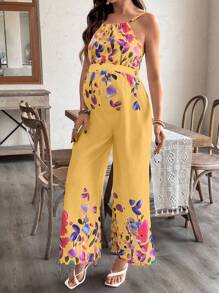 SHEIN 不对称印花长肩带孕妇连体裤 - 黃色 - 查看 5