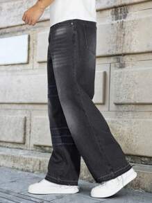 Manfinity Homme American Style High Street Webbed Decoration Straight Leg Jeans For Men, Vintage Grey Baggy Jeans - Black - View 3