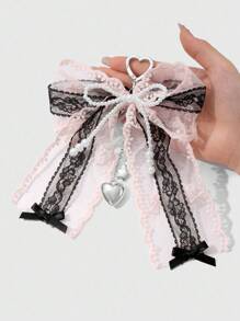 ROMWE Kawaii 1pc Retro Handmade Beaded White Pearl, Pink & Black Lace Bow, Layered Chain With CCB Heart & Star DIY Keychain/Bag Charm, Stylish & Elegant, Suitable For Women/Girls, Great Gift - Multicolor - View 8