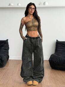 Coolane Y2K Music Festival Leopard Stretchy Breathable Mesh Asymmetrical Neck Crop Tops