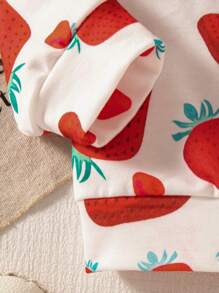 SHEIN 2 件套女婴春秋新款罗纹领草莓印花运动衫和修身打底裤，简约可爱运动休闲装