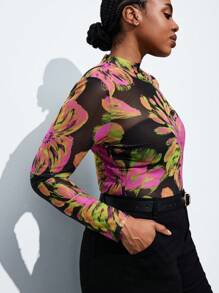 Maija 大码女士薄纱玫瑰印花长袖修身衬衫，都市时尚商务休闲秋季办公室着装 - 彩色 - 查看 6