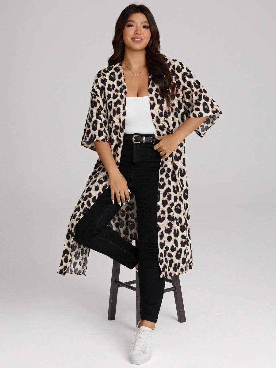 Comfylo Leopard Print Open-Front Kimono Loose-Fit Plus Size Women Top Winter Fall Autumn - Multicolor - View 1