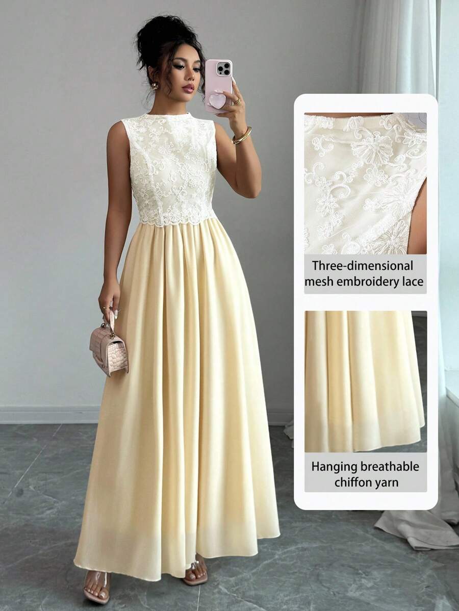 Selianne Vestido Elegante Feminino de Renda Contrastante sem Mangas, Adequado para Casamento, Aniversário, Outono - Damasco - Visão 1