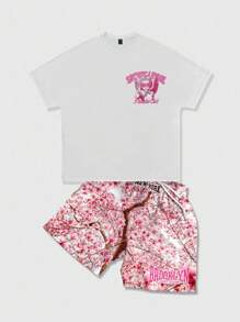 ROMWE MEN Street Life 男士夏季街头风格天使与字母印花蝙蝠短袖 T 恤和短裤套装，万圣节 - 白色 - 查看 2