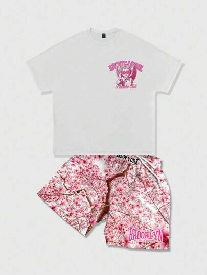 Street Life Men's Summer Street Style Angel & Letter Print Bat Short Sleeve T-Shirt And Shorts Set, Halloween