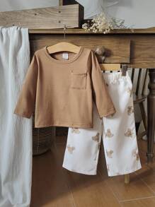 SHEIN Vintaside Kids 2 Stücke Kleinkind Jungen Set aus Cartoon Tier Muster Langarm T-Shirt und Lässig Hose, bequeme Outfit für Frühling/Herbst