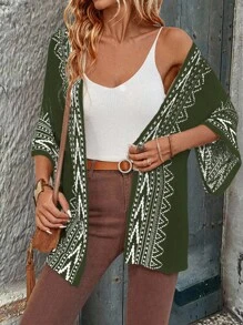 SHEIN LUNE 女士度假复古风格宽松落肩拼接撞色轻薄开衫