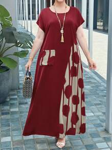 EMERY ROSE 加大码撞色印花拼布长假休闲连衣裙，女士春季服装，热带度假女装 - 酒紅色 - 查看 1