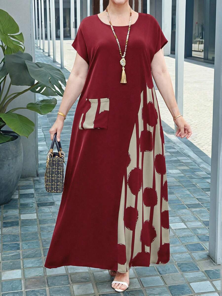 EMERY ROSE 加大码撞色印花拼布长假休闲连衣裙,女士春季服装,热带度假女装 - 酒紅色 - 查看 1