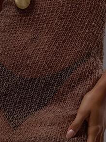 Musera Resort 细肩带露背纹理透视针织修身长裙罩衫沙滩泳装度假夏季假日可爱性感波西米亚风 - 棕色 - 查看 6