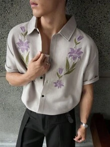 ESTAVOR Áo sơ mi thêu xích thời trang thường ngày cho nam, phù hợp cho mùa hè - Màu Xám nhạt - Xem 2