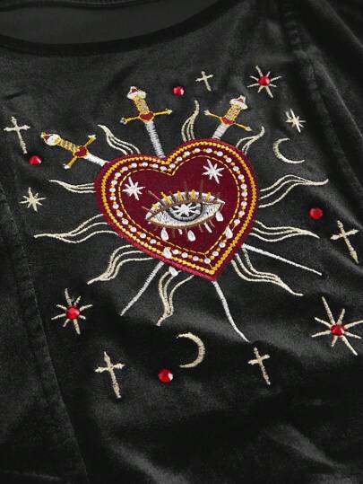 Goth Gothic Inspired Women's Autumn Outfit, Featuring Heart Embroidery, Rhinestone & Crystal Teardrop Embellishments, Star Motifs, Puff Sleeves, Mesh Panels, Shoulder Bowknot Details