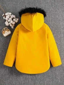 SHEIN Kids Tween Boys Casual Hooded PU Leather Tape Thick Zip-Up Parka Coat, Winter Coat Kids Coat Girls Winter Coat Girls Jacket With Hood Yellow Coat For Girls Tween Girls Coat First Day Of School, Start Of School Season  Winter Autumn Boys Boy Kids Boys Kids Boy Teen Boys Fall - Yellow - View 3