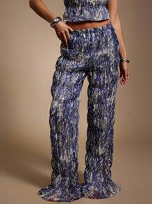 Hauture Pantalones anchos con estampado bohemio y elástico fruncido - Azul y blanco - Ver 4